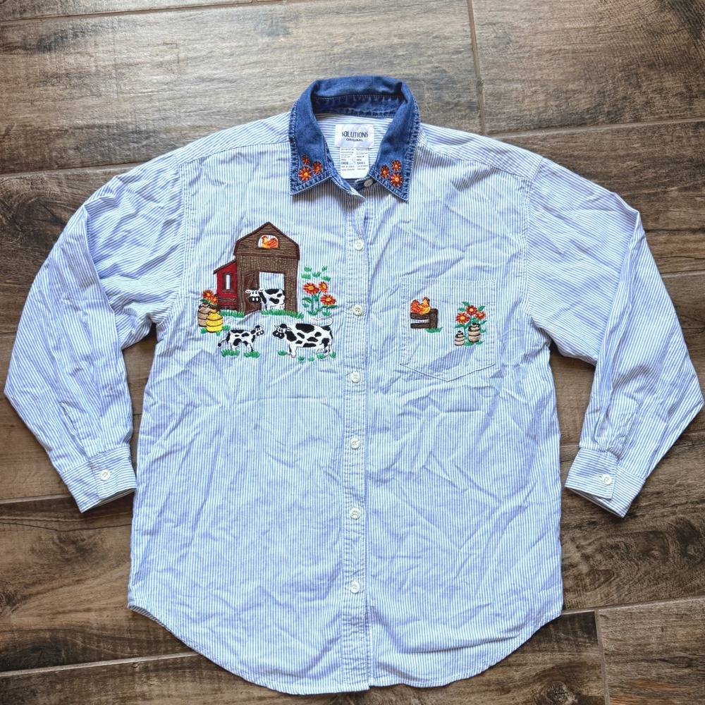 Solutions‎ Original Vintage Women Farm Embroidery Button Down Shirt, Blue, S